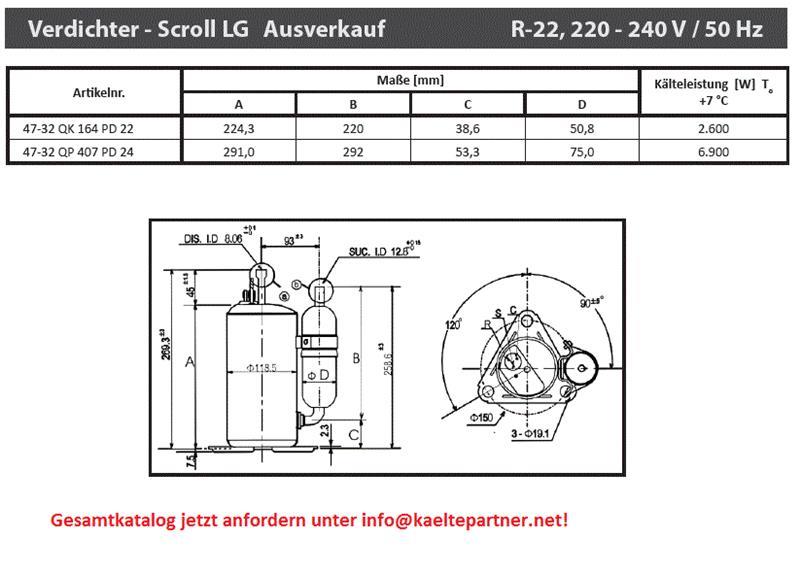Compressore rotativo LG QP407PD24, R22,220-240V, 50Hz, 23600 Btu/h - non disponibile, sostituito da successore