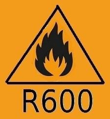 Etykieta dla czynnika chlodniczego R600a, pomaranczowa, z symbolem latwopalnym