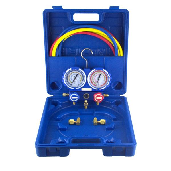 R410A Pressure gauge set with 3 filling hoses, D=80 mm, with case