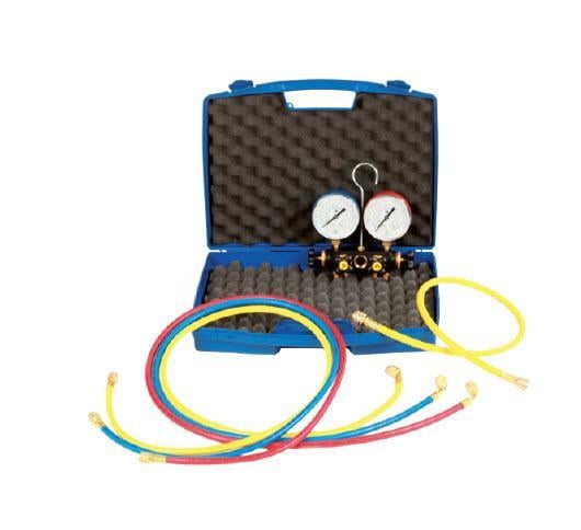 4-way assembly aid R410-R32 with unfilled pressure gauge Ø80,3 filling hoses 150 cm, incl. case Wigam K-W4MSA4-5-CSA60