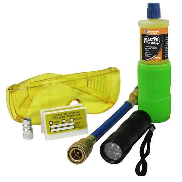 Kit de mini-flash UV (12 LED), injecteur, mastic Auto A/C Master Leak Shield avec colorant 29,5 ml, tuyau basse pression, adaptateur R12 / 1/4" SAE, lunettes de protection UV