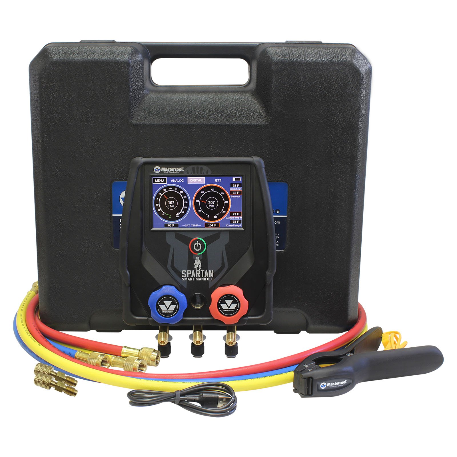 SPARTAN Manómetro Digital de 2 vías con mangueras de alta presión de 60”, conectores estándar y 1-pinza (temp)