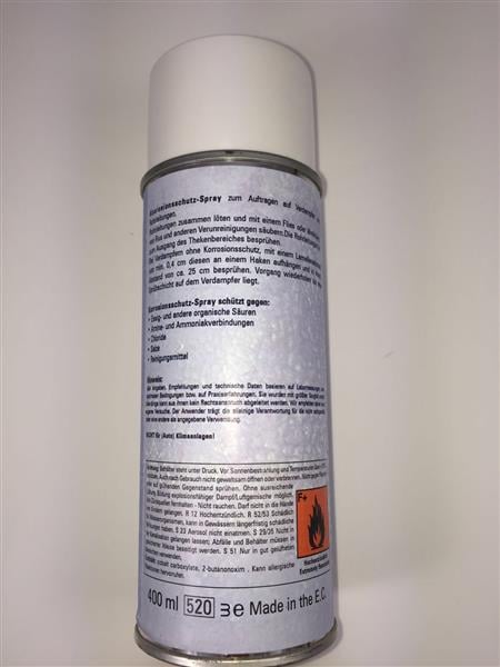 Spray anticorrosión (aerosol anticorrosivo) frigo-it para evaporadores, contra vinagre, ácidos orgánicos, aminas, aminas, compuestos amoniacales, cloruros, sales, agentes de limpieza.