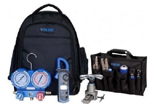 Tool set (crimping tool imperial, pipe deburrer, assembly aid, pipe cutter, clamping multimeter, ratchet wrench, rucksack), VTB-8C Value