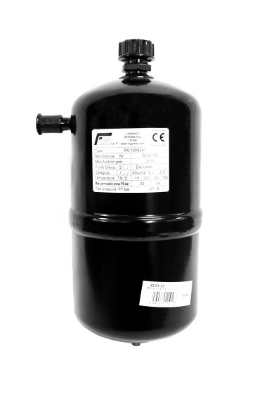 Separador de líquidos Frigomec 2,3 l, entrada 18 mm ODM, salida 18 mm ODM, M8, 34 bar