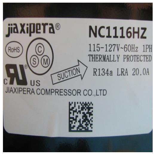 Compressor JIAXIPERA NC1116HZ, R134a, 115-127V / 1Ph / 60Hz