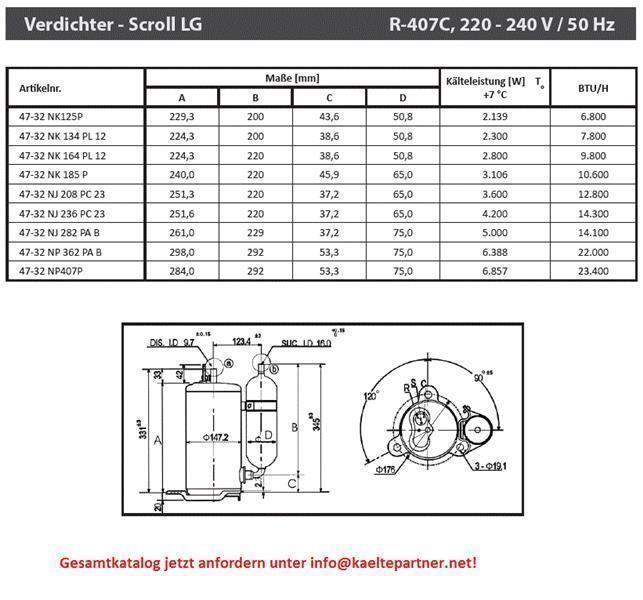 Compresseur rotatif LG NJ208P, R407C, 220-240V, 50Hz, 12400 Btu/h