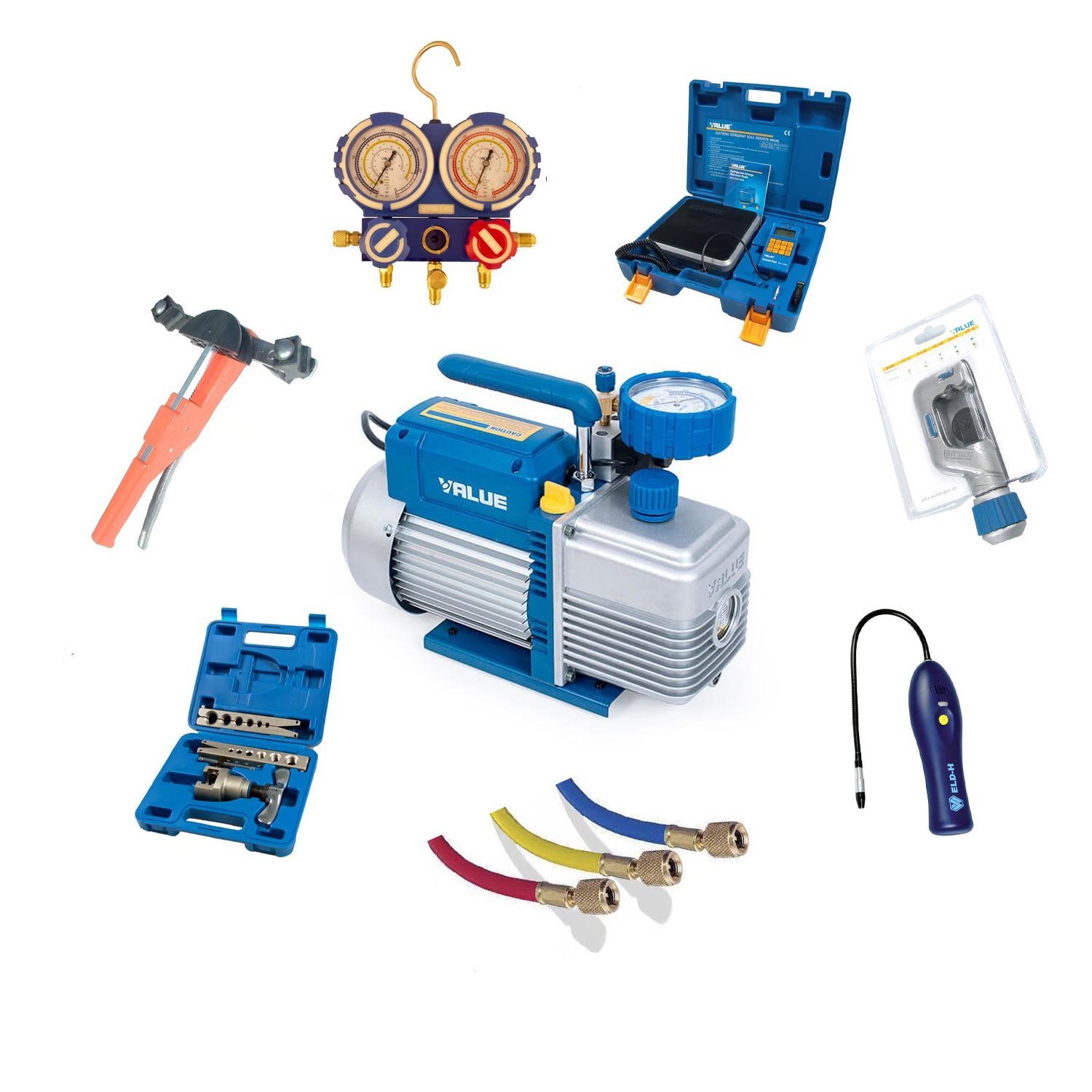 Basic tool set for A1-A2L (vacuum pump, leak detector, fitter's aid, filling hoses, scales, pipe bender, pipe cutter and flaring device)