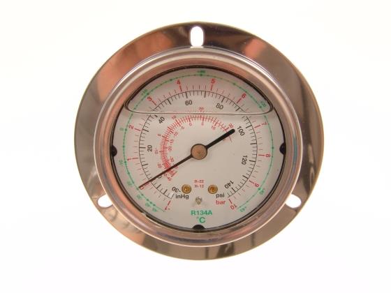 Pressure gauge oil-filled low pressure, connection rear 1/4 "SAE, R134a, R12, R22