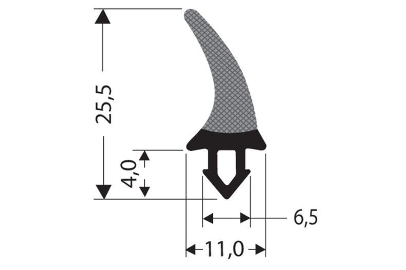 Profilé press-fit caoutchouc noir pour porte battante 1m (25,5x11)