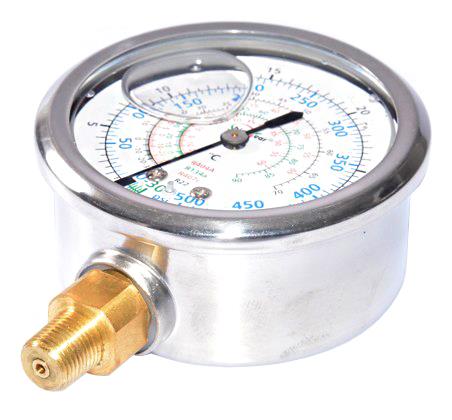 Manometer 60 mm, lage druk, olie-gevulde, 60 mm, R134A, R404A, R407, connector 1/8 "NPT radiaal