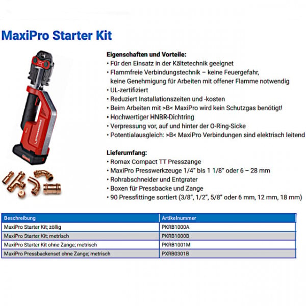 Maxipro starter kit inch 1/4" to 1 1/8" including pressing machine