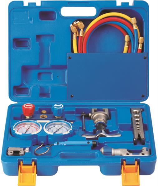 Caja de herramientas (herramienta de apriete, 2 cortapipas afilados, juego de manómetros con 3 mangueras de llenado, ranuras, caja) VTB-5B-I