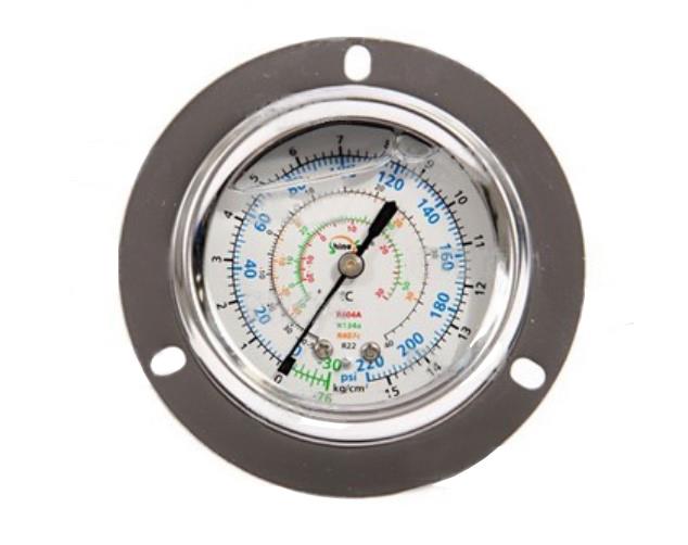 Pressure gauge Ø60, low pressure, oil filling, SH, R134a, R22, R404A, R407C, connection 1/4" SAE on rear panel,