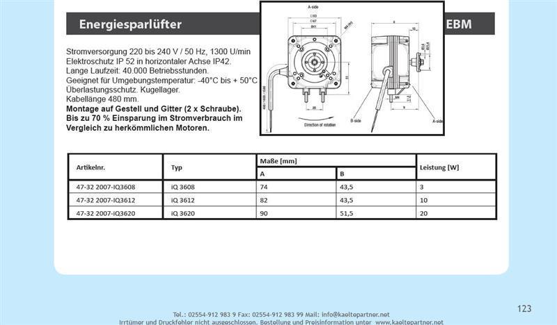 Motor de ventilador de ahorro de energía EBM iQ 3620,220-240V/50 Hz, 20 vatios, 1300 rpm