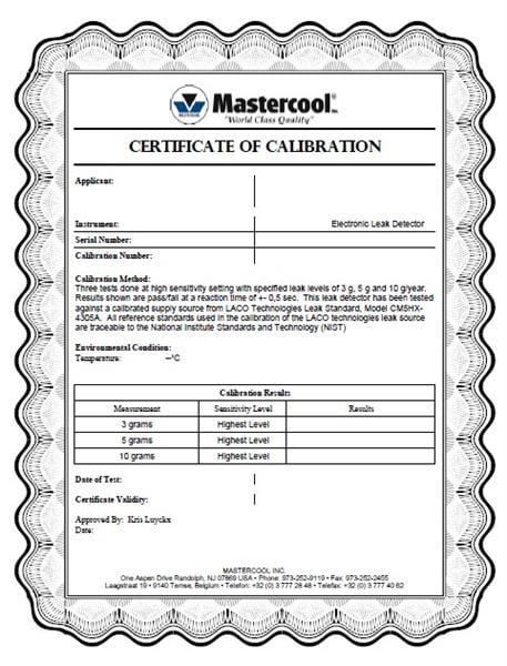 Certificato di taratura Mastercool Testleck per rivelatori elettronici di perdite