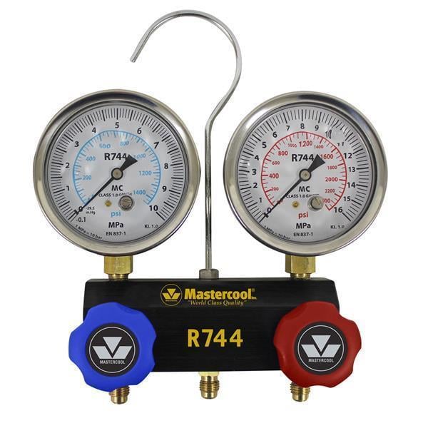 Aluminum 2-way assembly aid with oil-filled monometers 70 mm, with hook and hose holder for CO2 - R744, Mastercool 55102