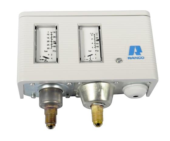 El interruptor de presión Ranco combina O17-H470301; Baja presión -0.3 - 7 bar; Presión alta 7 -30 bar, rearme manual.