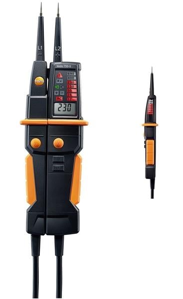 testo 750-3 Testeur de tension avec piles, protection des sondes et embouts de sonde.