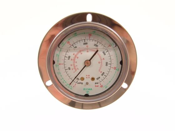 Pressure gauge oil-filled high pressure, connection rear 1/4 "SAE, R134a, R12, R22