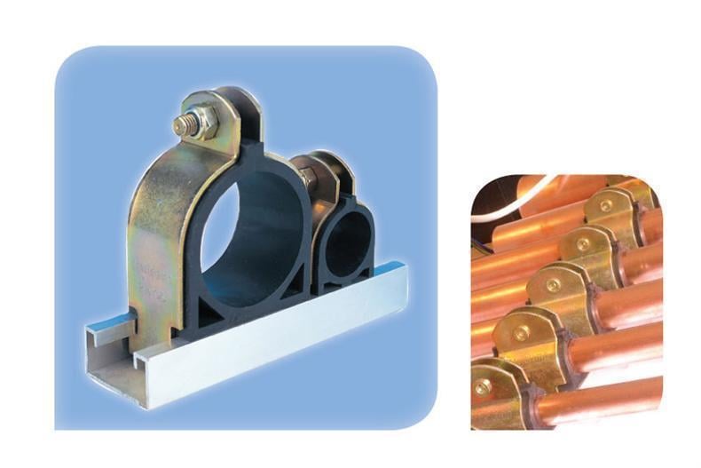 Collier de serrage métal/caoutchouc 28 - 30 mm, fixé sur rail de montage (10 pièces)