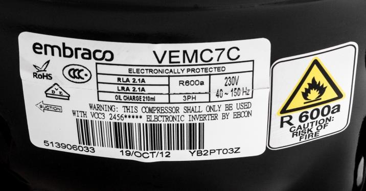 Compresor con regulación de velocidad Aspera Embraco VEMC7C con E-set, LBP - R600a, 230V, 40/150Hz, 3PH