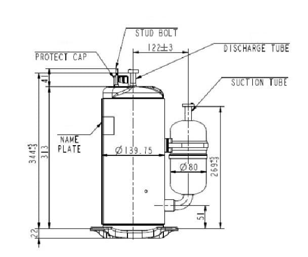 Compressore rotativo GMCC, PG400G2C-7FTS, HMBP - 407C, 6,65 kW senza condensatore di funzionamento