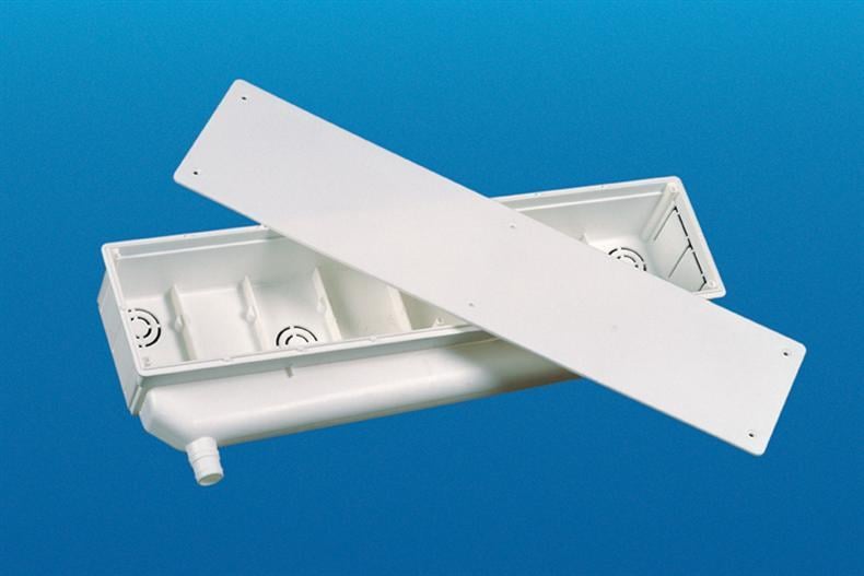 Piatto gocciolatoio reversibile per condensa reversibile (scatola da incasso per costruzione a guscio) con scarico verticale grande - 530x113x65 mm