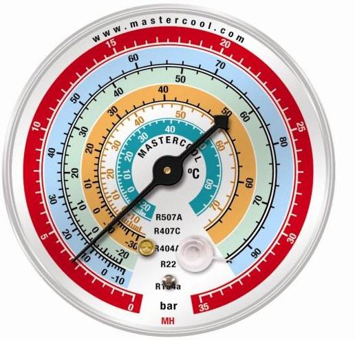 Manometer (vervanging), Ø 63 mm, hoge druk, R404A, R134A, R507A, R22, R407C, Displaybalk / ° C