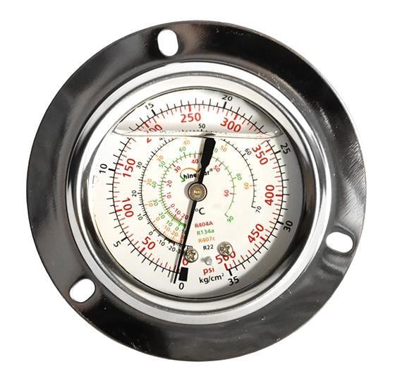 Pressure gauge Ø60, high pressure, oil filling, SH, R134a, R22, R404A, R407C, connection 1/4 "SAE on back,