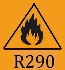 Sticker for refrigerant R290, orange, with flammable label