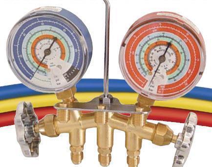 Manifold with pressure gauge, 3 piece filling hoses 90cm length