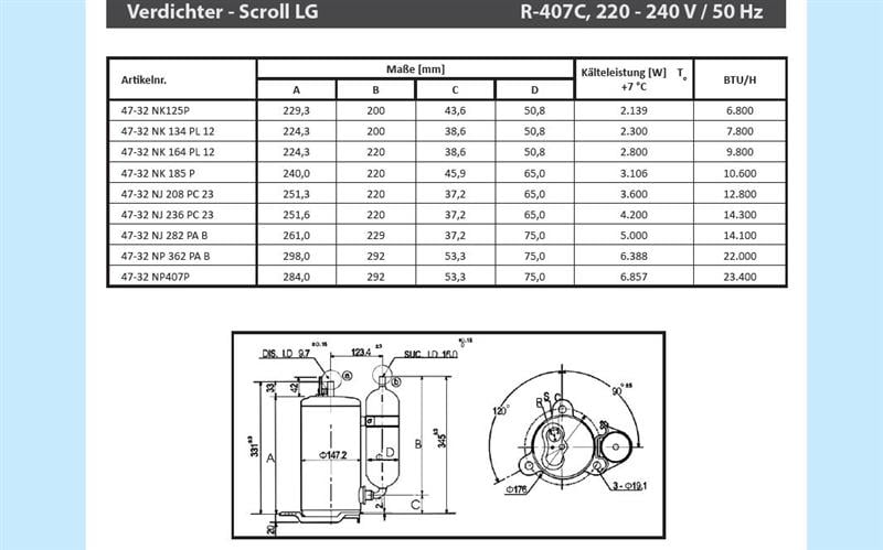 Compresseur rotatif LG NK185P, R407C, 220-240V/50 Hz, 10 600 Btu/h
